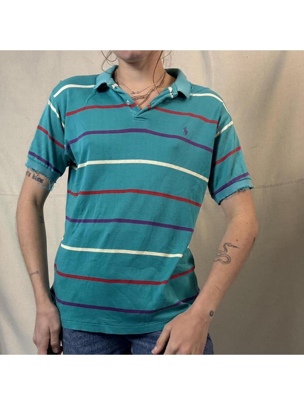 Trashed Ralph Lauren teal and multi-coloured polo shirt